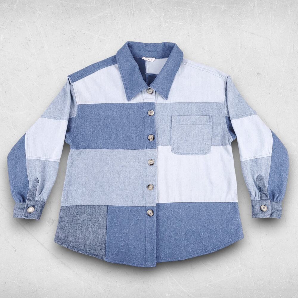 Kori Shacket Women S Blue Denim Faux Wool Patchwork Button Up Oversized Boho